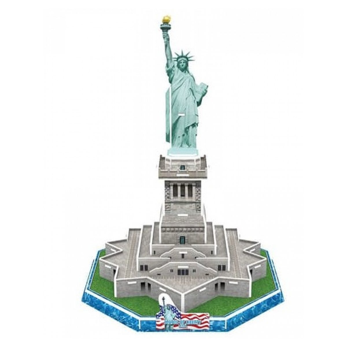 Modell der Freiheitsstatue auf einem sternförmigen Sockel mit US-Flagge.
