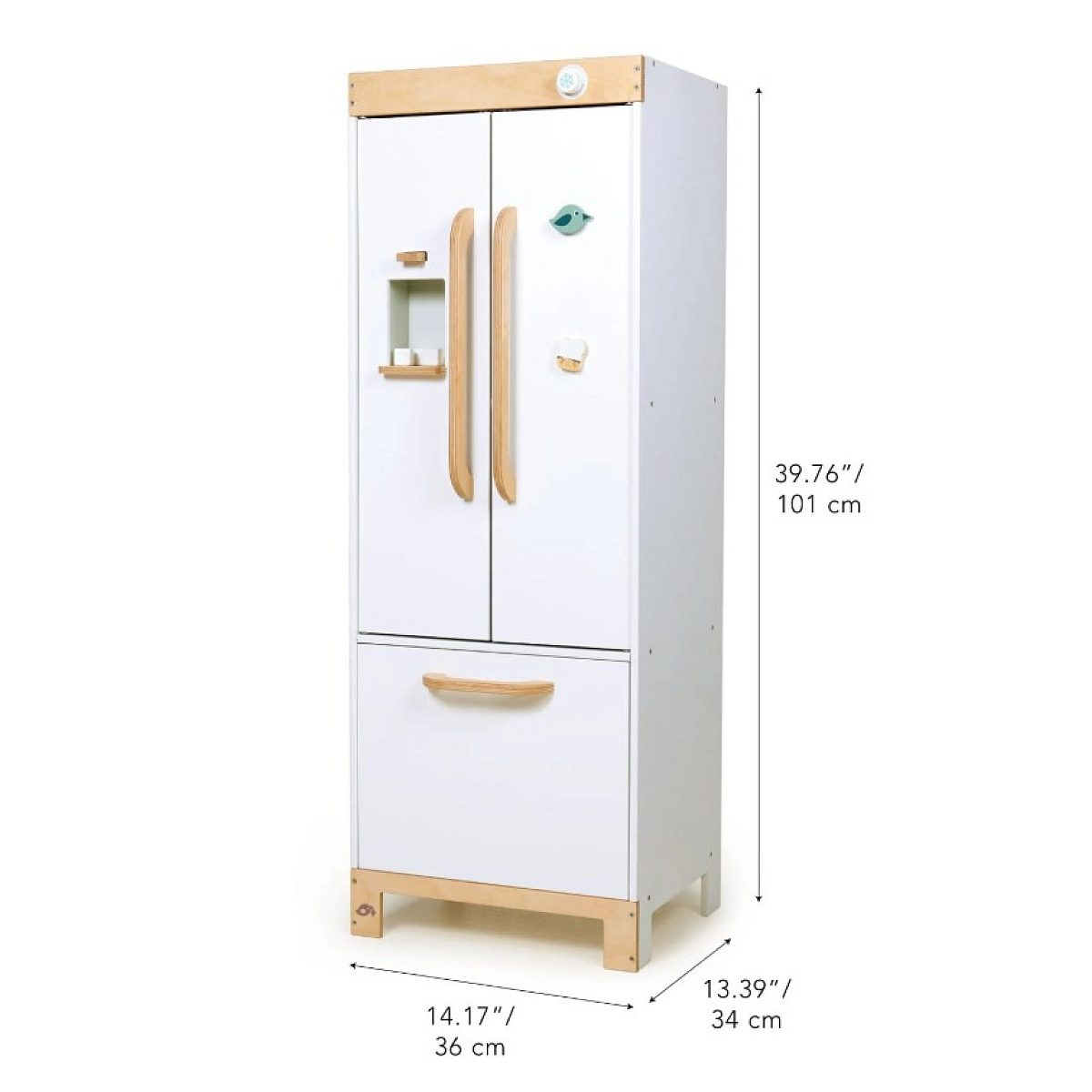 Weißer Kinderspielzeug-Kühlschrank aus Holz mit Holzakzenten, Maße: 101x36x34 cm.