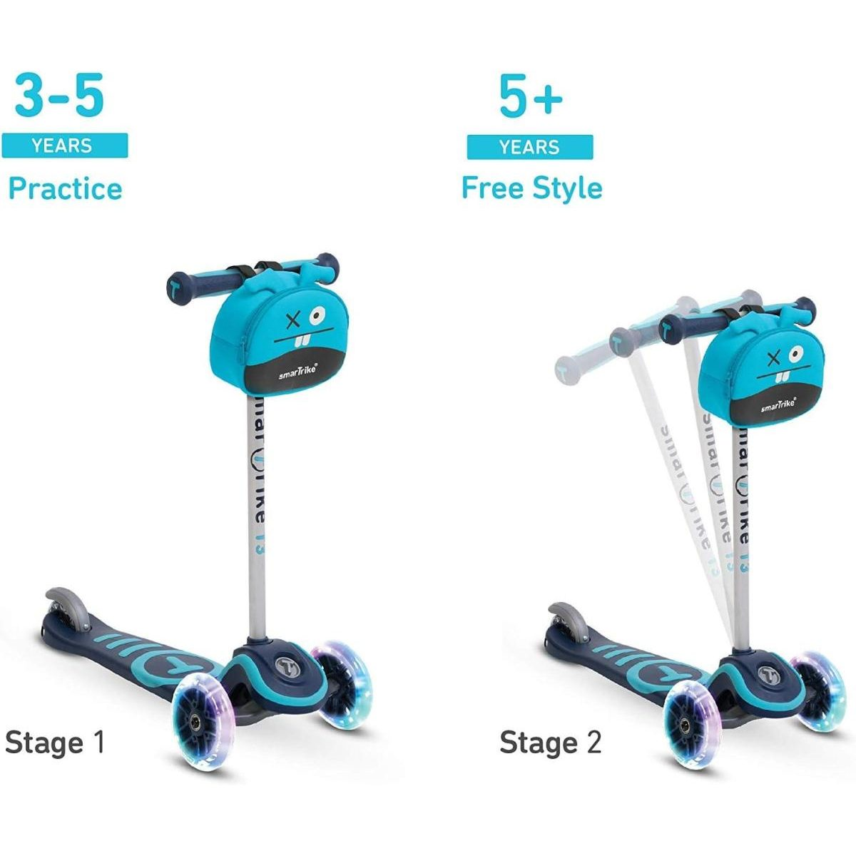 Zwei Stufen eines blauen Kinderrollers für 3-5 und 5+ Jahre, mit Übungs- und Freestyle-Modus und leuchtenden Rädern.