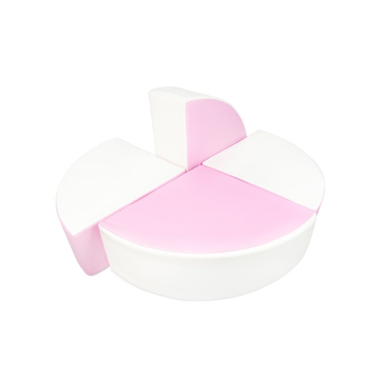 Modulares Schaumstoff-Spielset in Rosa und Weiß mit geometrischen Formen auf weißem Hintergrund.