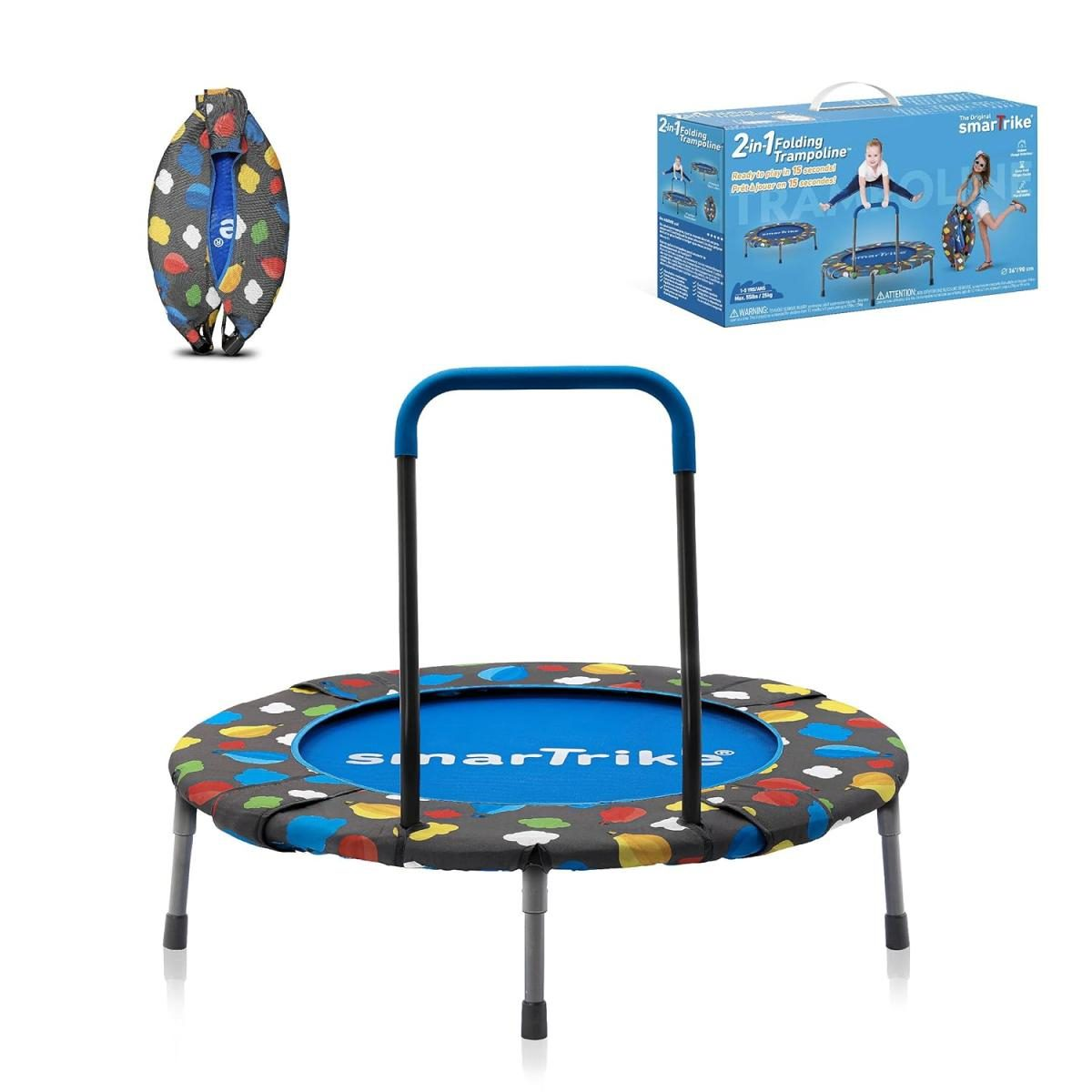 Ein kleines blaues Kindertrampolin mit einem Haltegriff, einer bunten Randabdeckung und Verpackung.