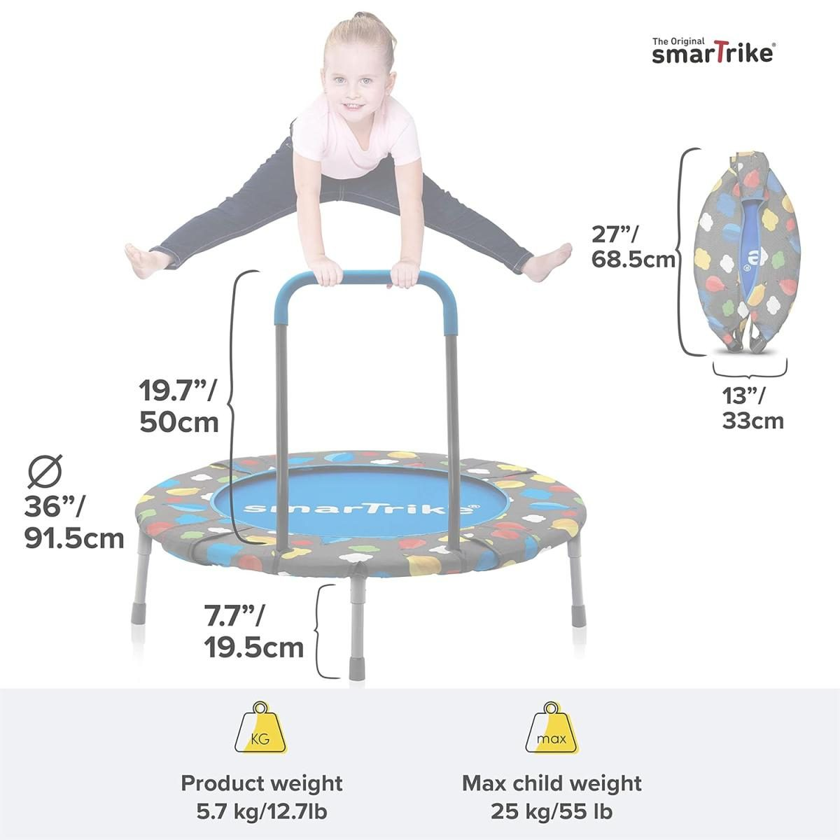 Kleines blaues Trampolin mit farbigem Rand, Griff und Produktabmessungen auf weißem Grund.