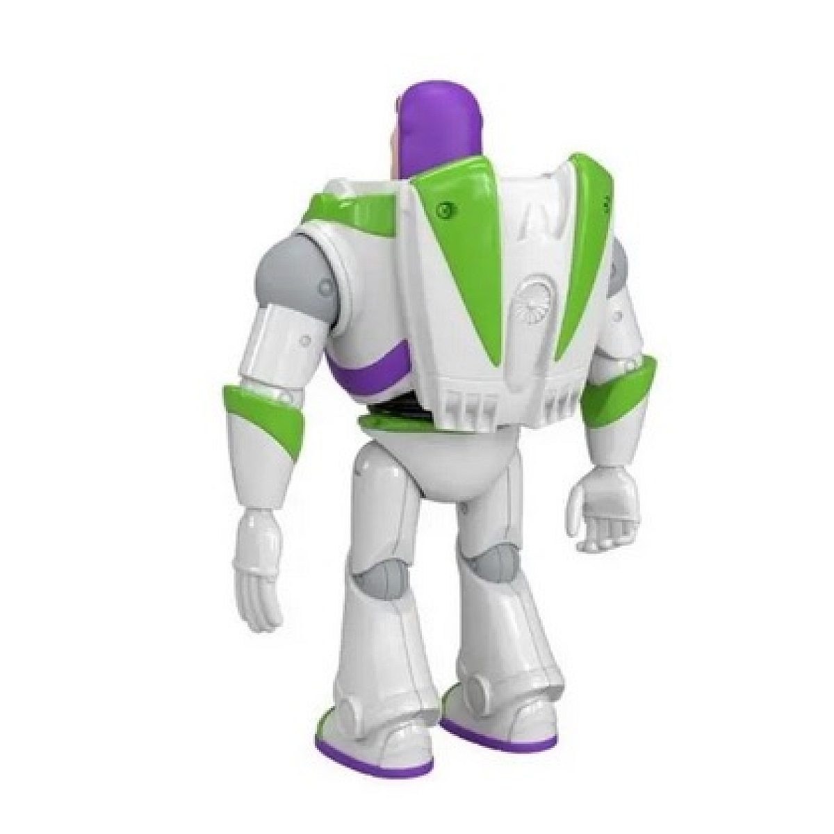 Vista trasera de una figura de acción de Buzz Lightyear en blanco, verde y morado.