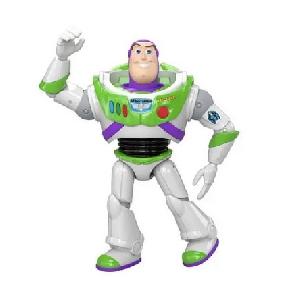 Figura de acción de Buzz Lightyear con armadura espacial blanca, verde y púrpura, con un brazo levantado.