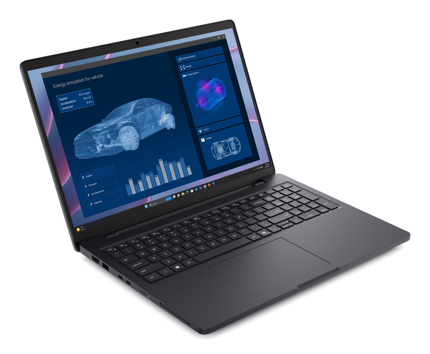 Un laptop nero mostra un'interfaccia blu per la simulazione energetica del veicolo.