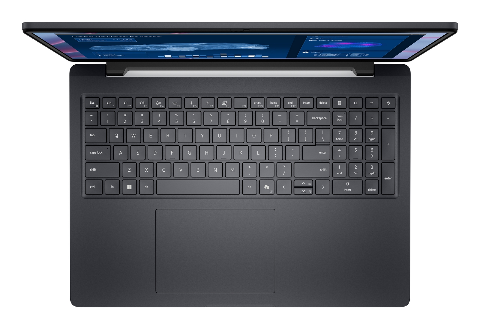 Vista dall'alto di un laptop grigio scuro aperto con tastiera, touchpad e schermo con grafica blu.