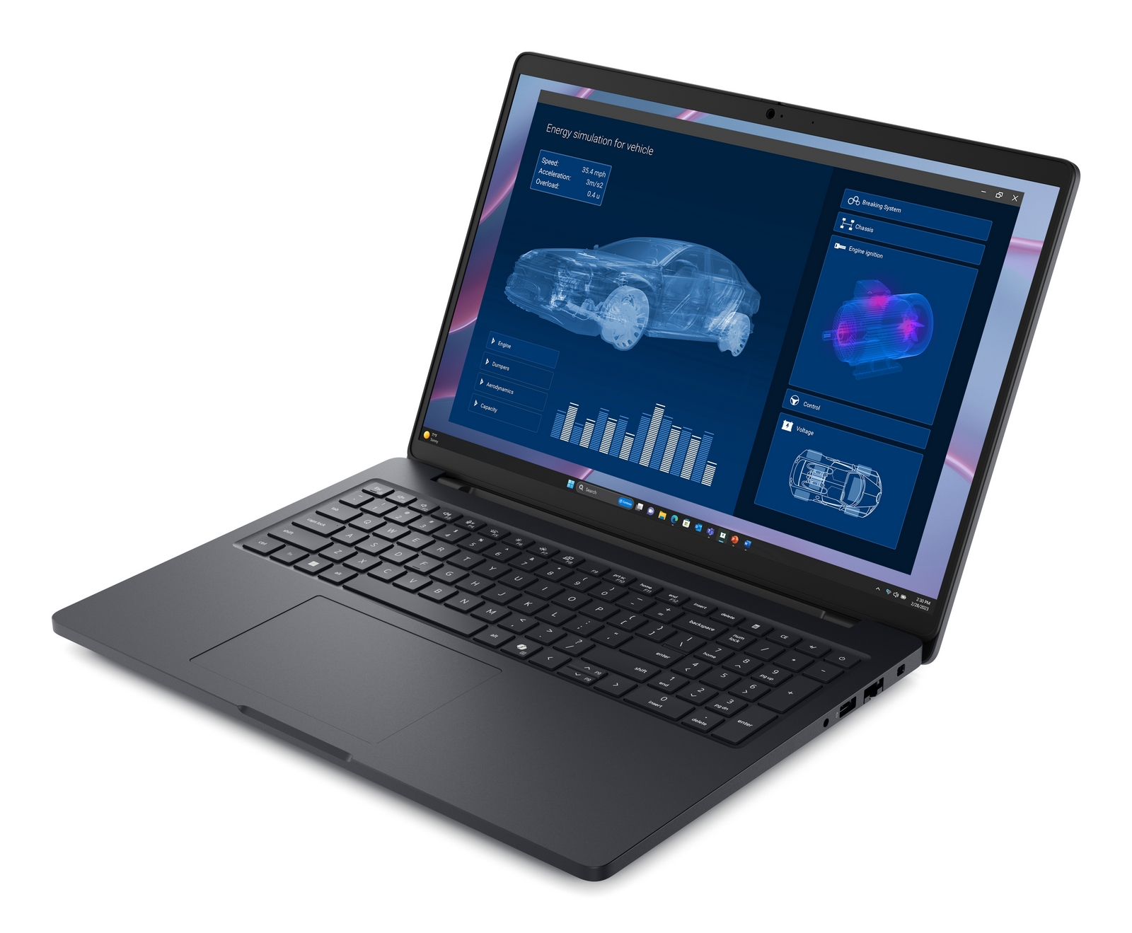 Un computer portatile nero mostra un software di simulazione energetica per veicoli, visto dall'alto.