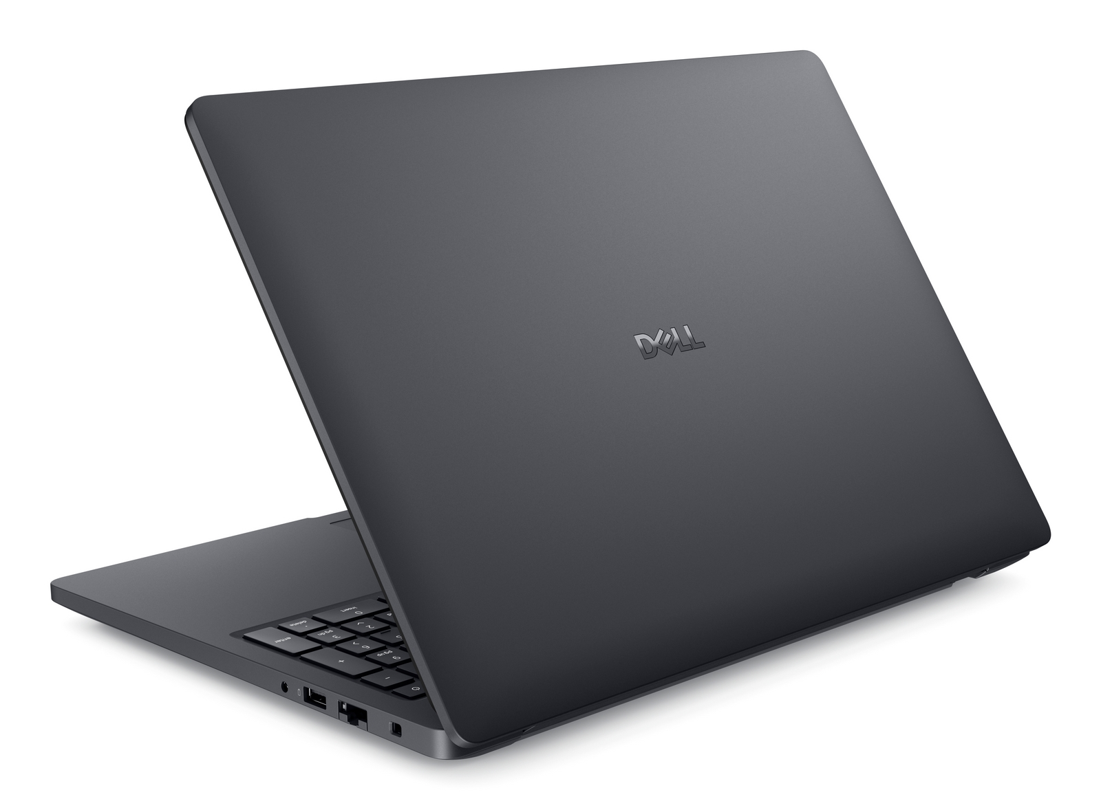 Un laptop Dell grigio è aperto su sfondo bianco, con il retro dello schermo rivolto verso la fotocamera.