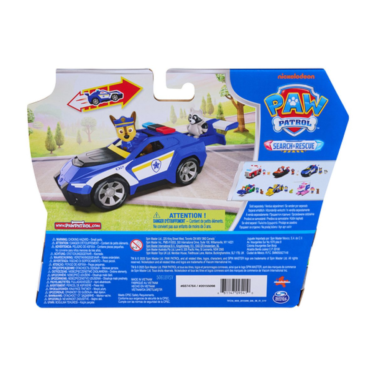 Parte trasera de un juguete de Paw Patrol con un coche de policía azul y Chase.