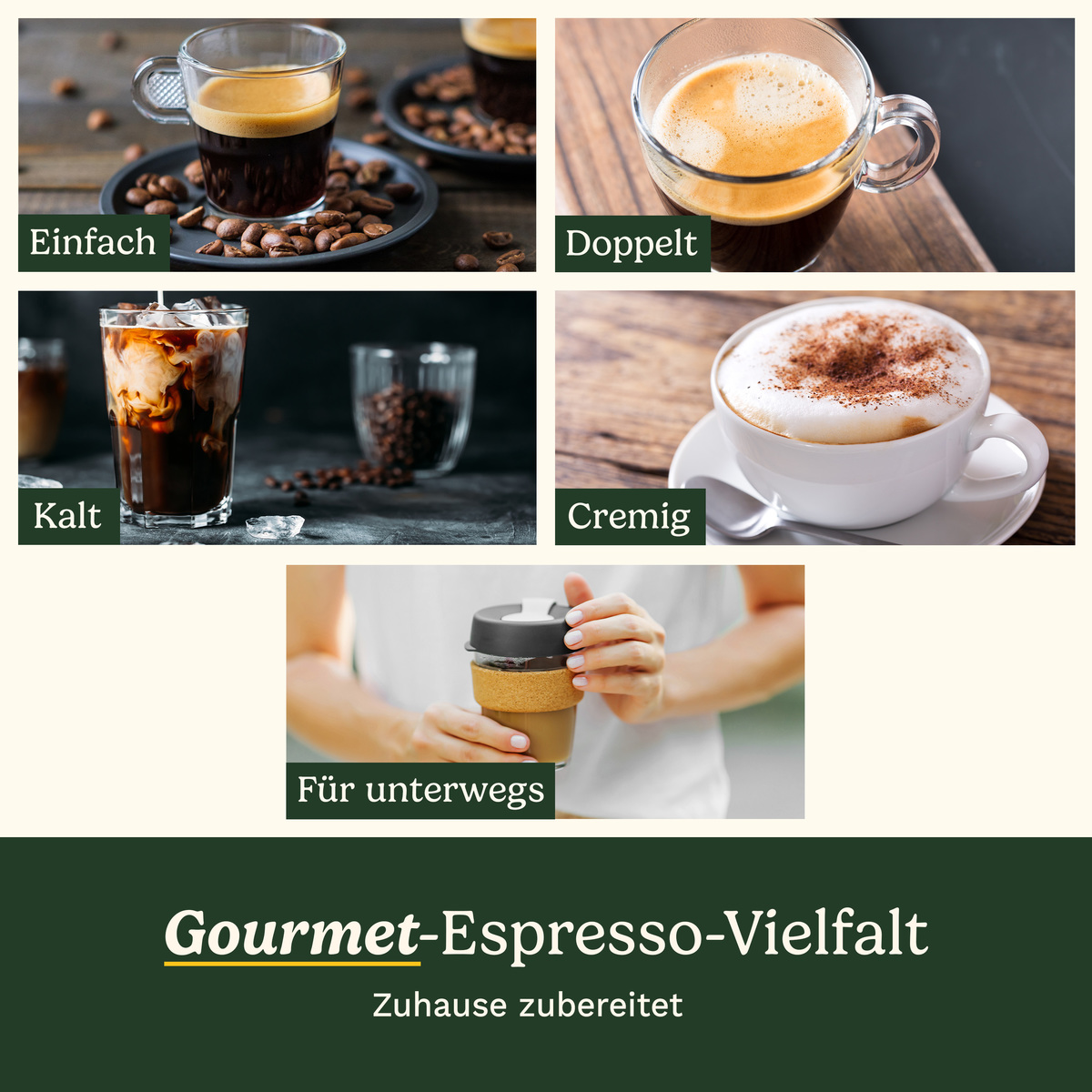 Varie specialità di caffè tra cui espresso, caffè freddo e cappuccino, con il testo Gourmet-Espresso-Vielfalt.