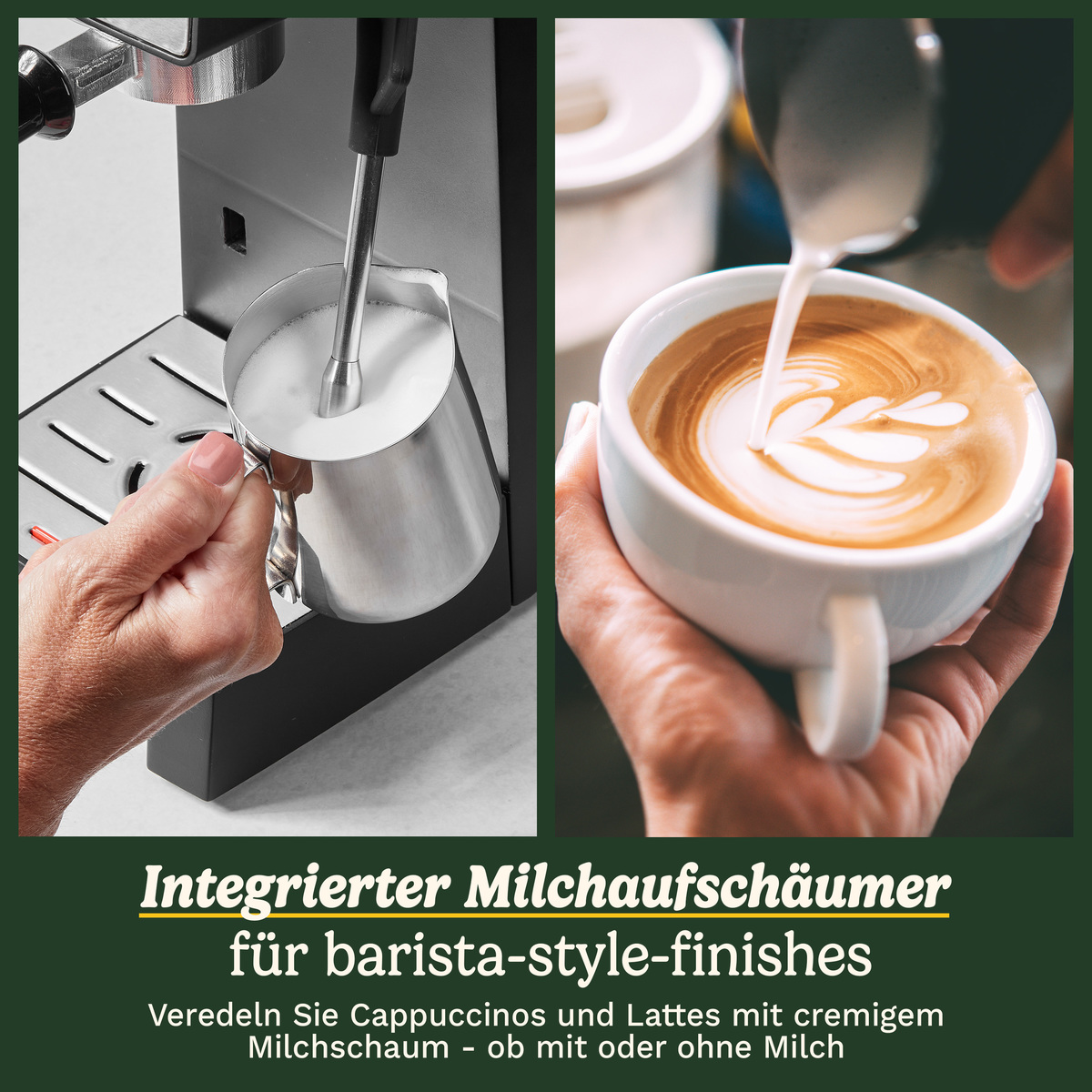 Montatura del latte con una macchina per espresso e versamento in una tazza per latte art.