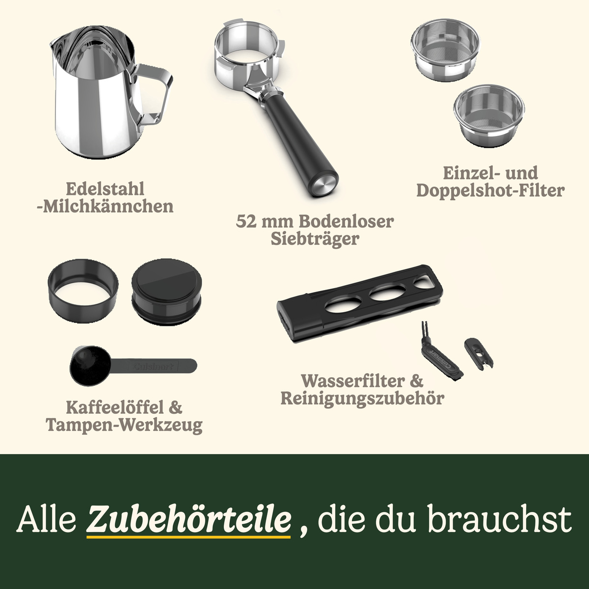 Vari accessori per macchina da caffè espresso su sfondo chiaro con testo in tedesco.