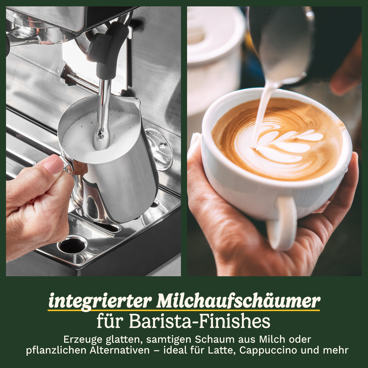 Eine Barista schäumt Milch mit einer Maschine auf und gießt Latte Art in eine Tasse mit deutschem Text.