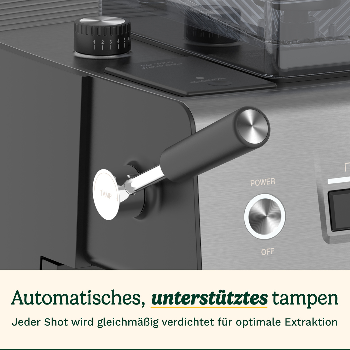 Detailansicht einer Kaffeemaschine mit Tamphebel und Ein-Aus-Knopf.