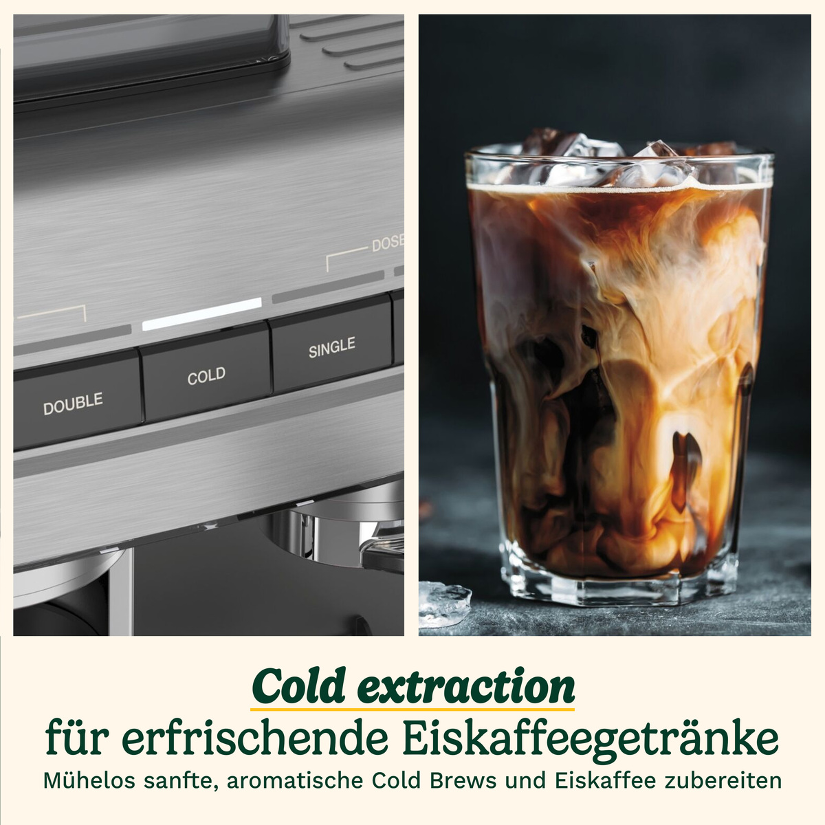 Ein Kaffeemaschinen-Bedienfeld und ein Glas Eiskaffee mit Milch, begleitet von deutschem Text.