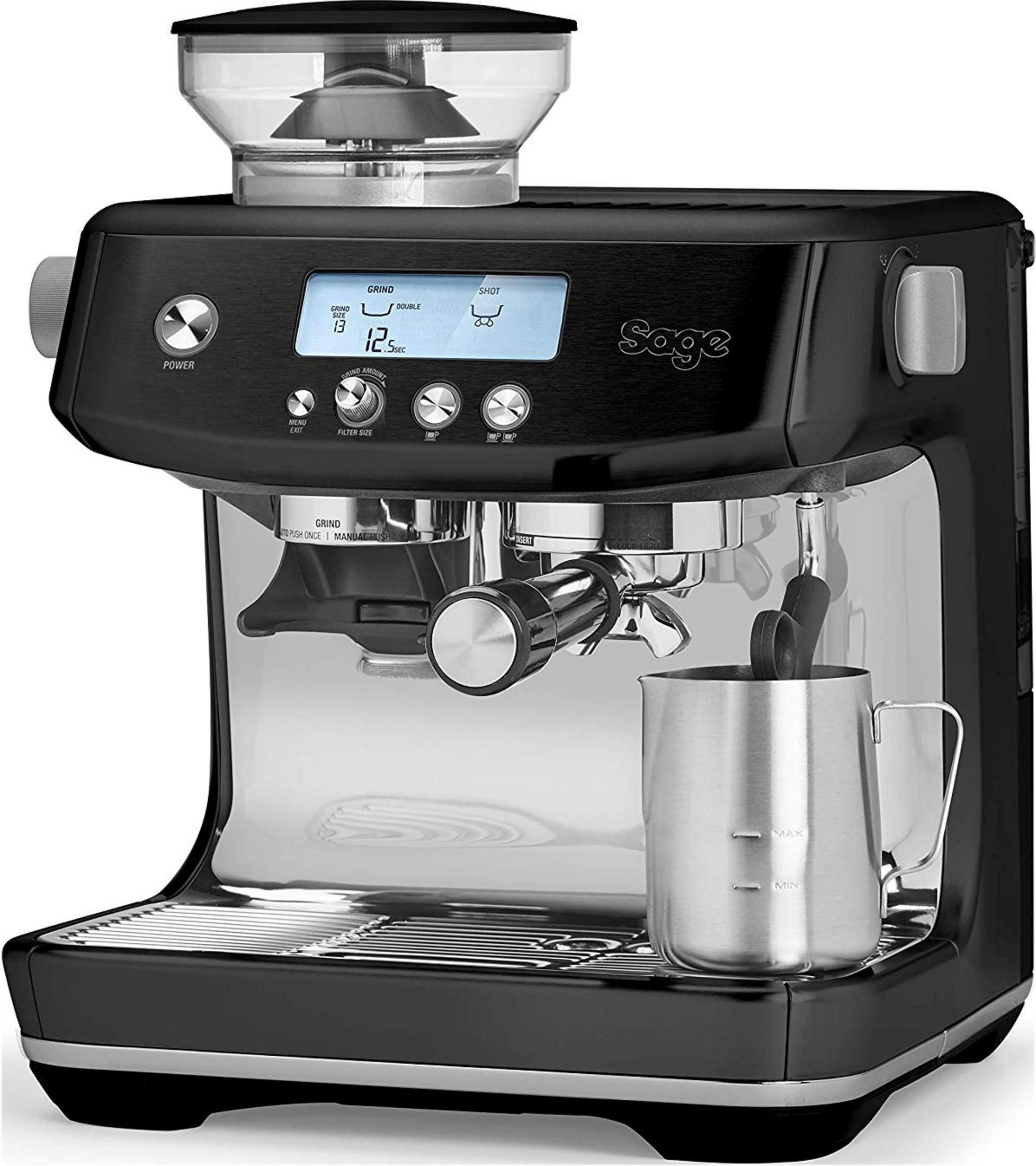 Une machine à espresso Sage noire avec des accents chromés, un écran numérique, un moulin et un pichet à lait.
