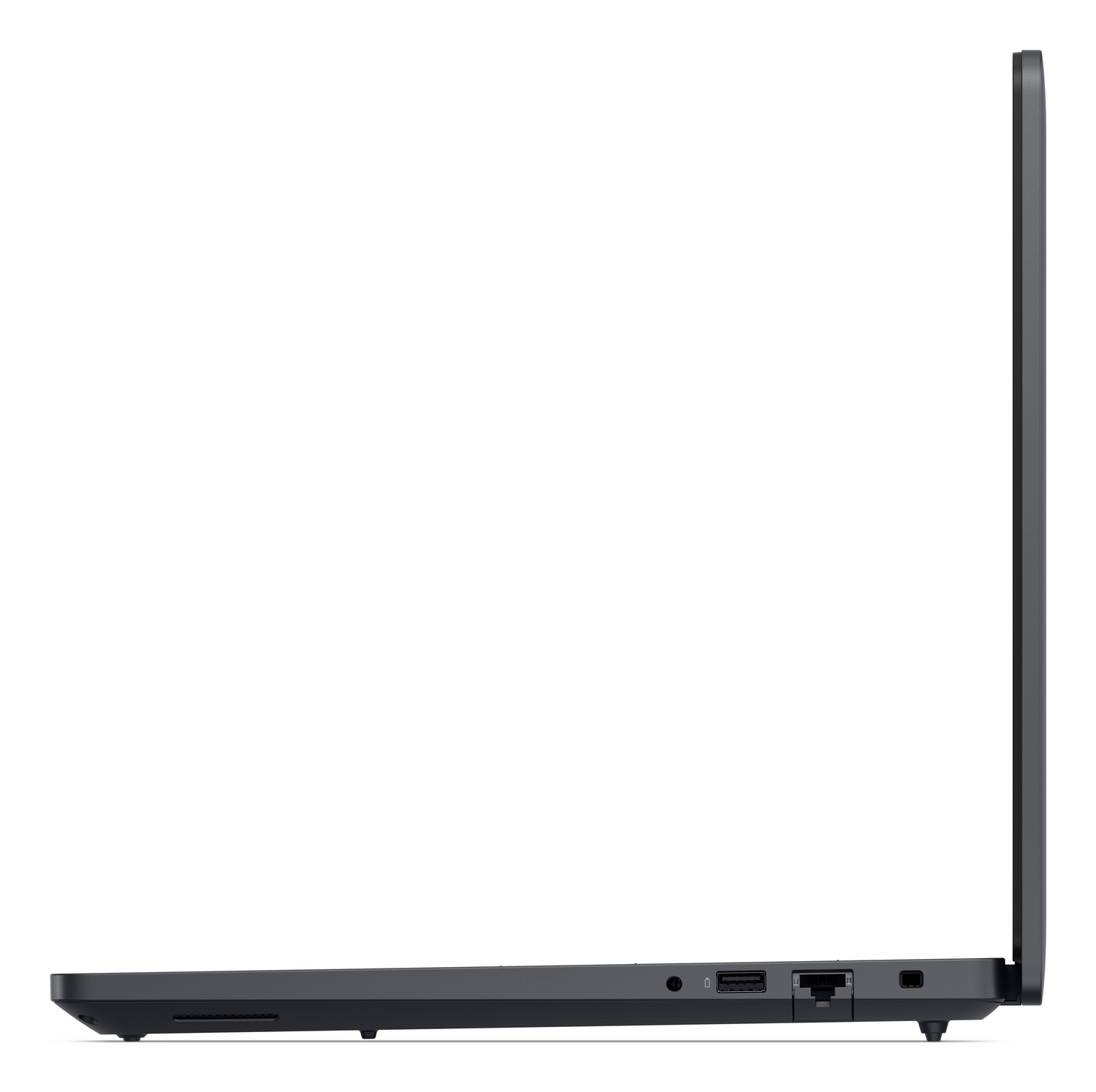 Vista laterale di un laptop grigio scuro che mostra porte tra cui USB, Ethernet e jack audio, su sfondo bianco.