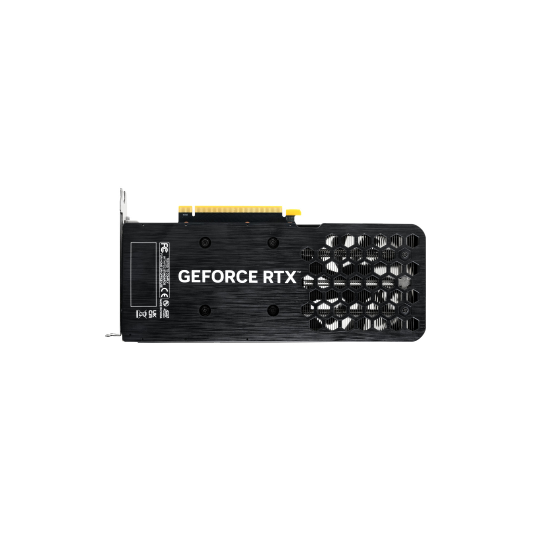 Czarna karta graficzna GeForce RTX ze szczotkowanego metalu z kratką wentylacyjną o strukturze plastra miodu na białym tle.