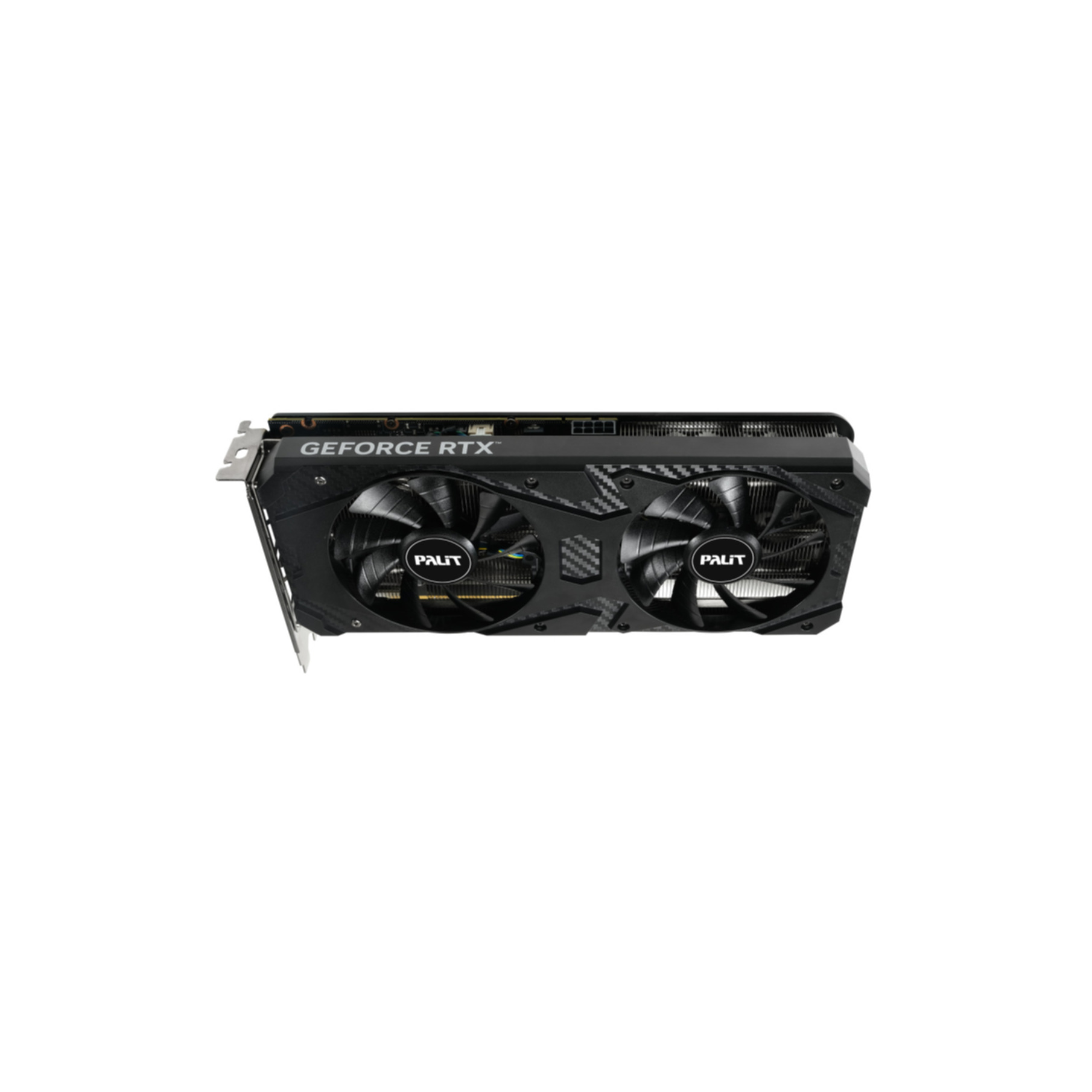 Czarna karta graficzna Palit GeForce RTX z dwoma wentylatorami na białym tle.