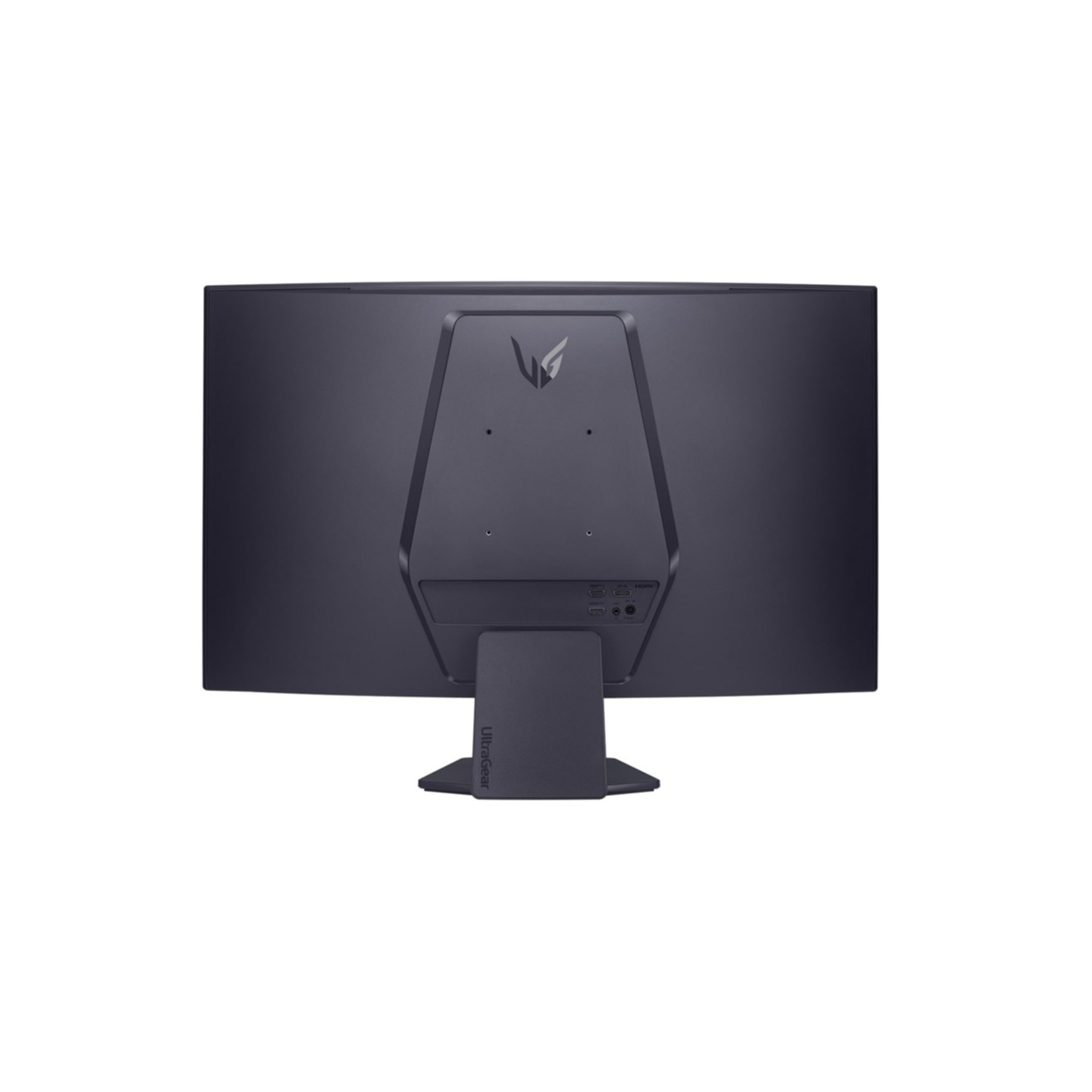 Rückseite eines schwarzen LG UltraGear Monitors mit Ständer auf weißem Hintergrund.