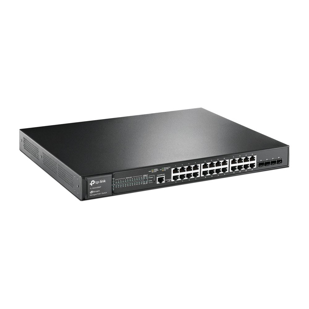 Un switch PoE+ gestionado TP-Link negro con numerosos puertos RJ45 y ranuras SFP sobre una superficie blanca.