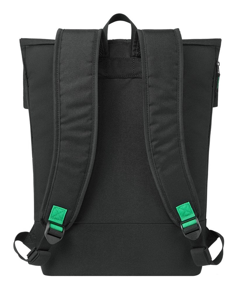 Zaino nero con spallacci imbottiti e dettagli verde acceso su sfondo bianco.