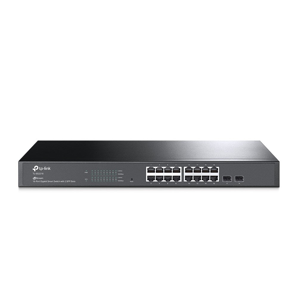 Un switch inteligente TP-Link negro con dieciséis puertos gigabit y dos ranuras SFP sobre fondo blanco.