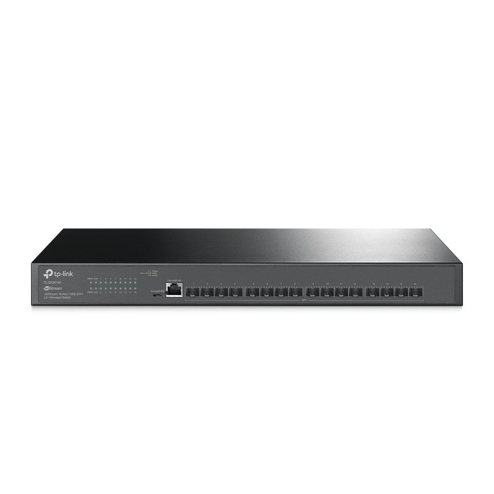 Un conmutador de red negro TP-Link JetStream con LED y puertos en una superficie blanca.