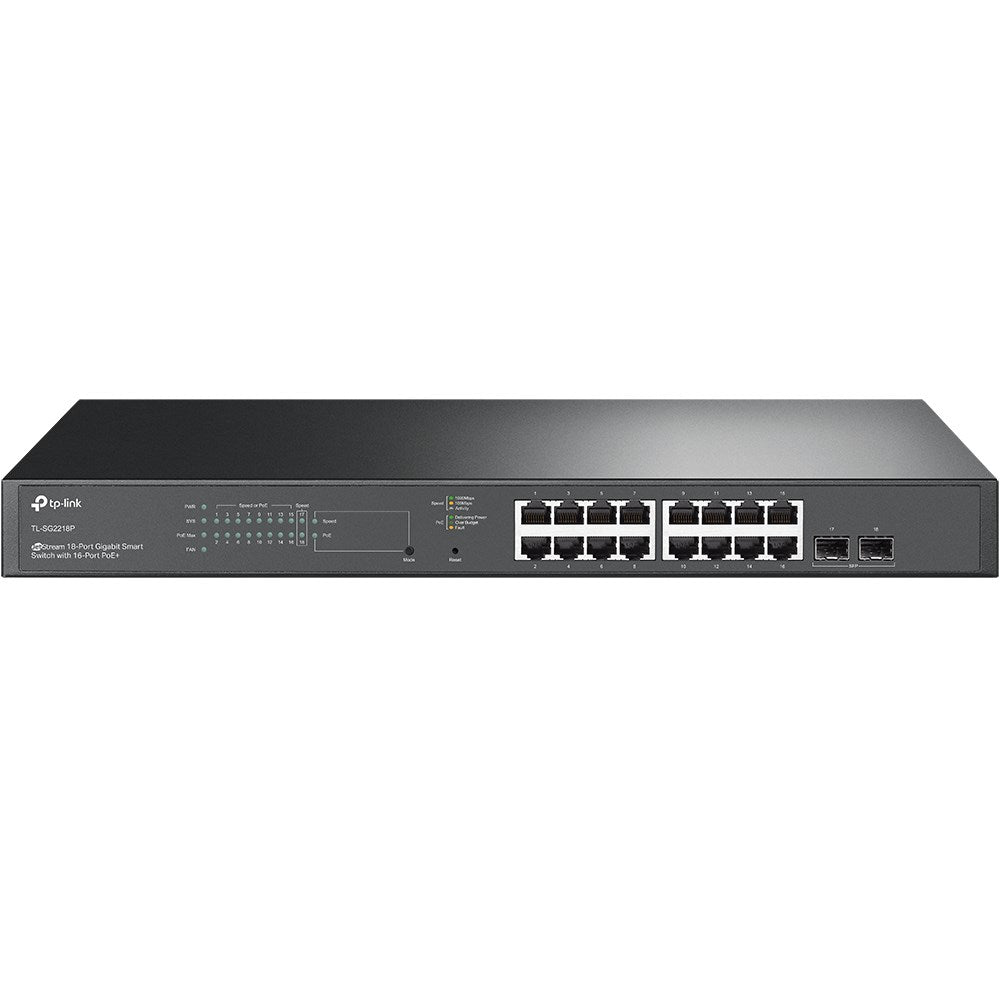 Un switch de red TP-Link negro con múltiples puertos ethernet e indicadores LED en el panel frontal.