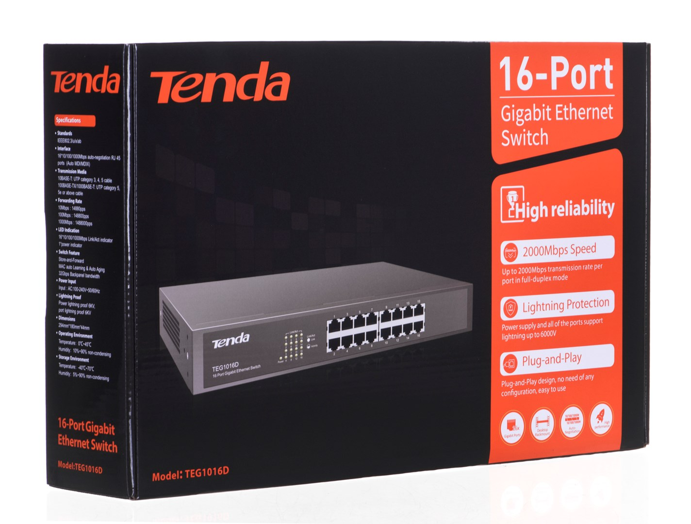 Una caja de producto negra para un switch Ethernet Gigabit de 16 puertos Tenda con detalles naranjas.