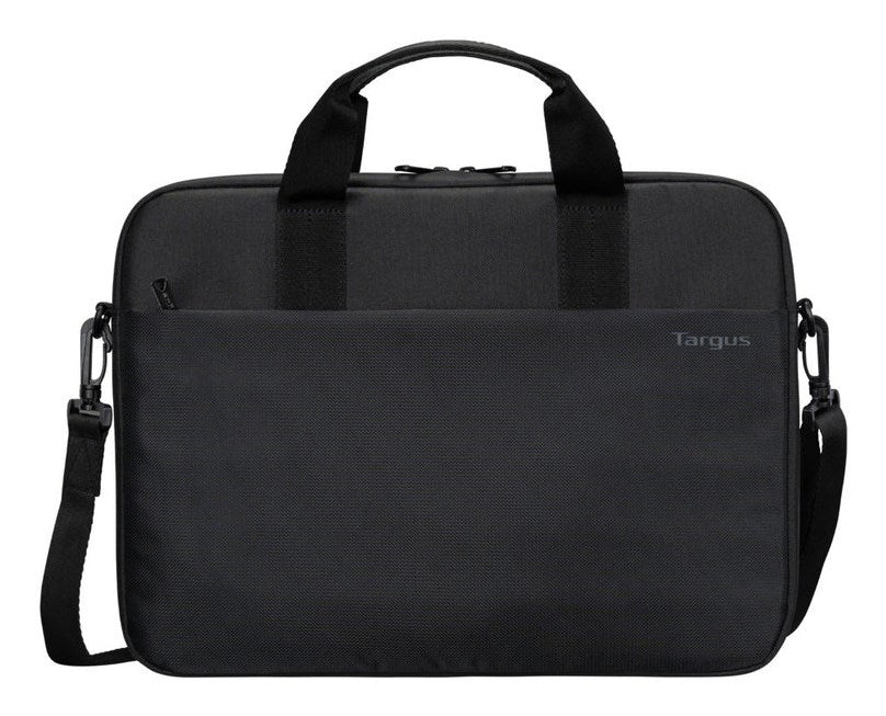 Eine schwarze Targus Laptoptasche mit Handgriffen und Schultergurt auf weißem Hintergrund.