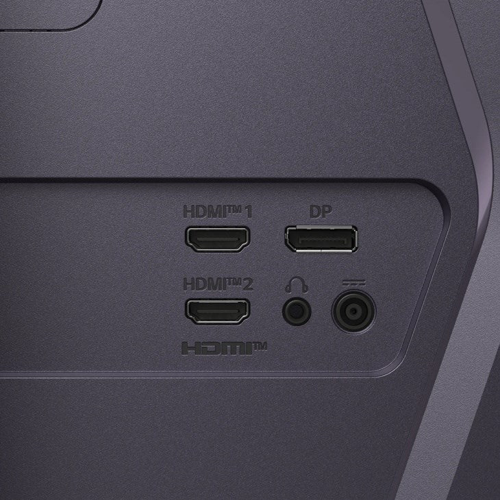 Pannello posteriore di un monitor grigio con due porte HDMI, una DisplayPort, un jack per cuffie e un ingresso di alimentazione.