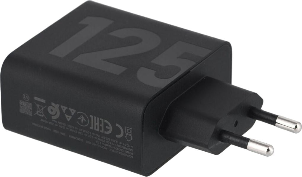 A black power adapter with a large '125' imprint and two round pins.