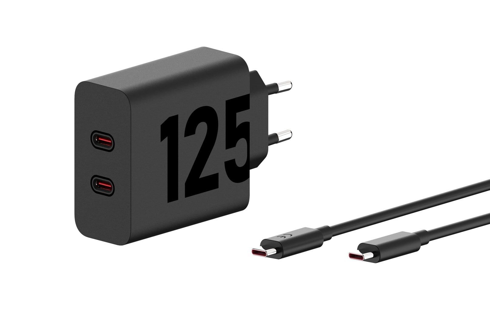 A black 125W charger with two USB-C ports and a USB-C cable against a white background.