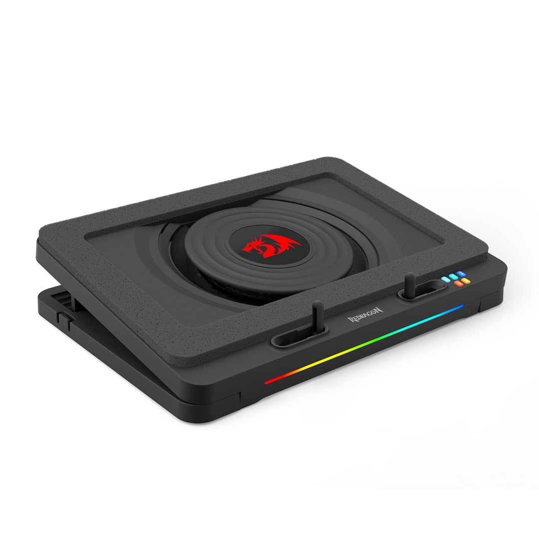 Base di raffreddamento nera Redragon con ventola centrale, logo rosso e illuminazione RGB su sfondo bianco.