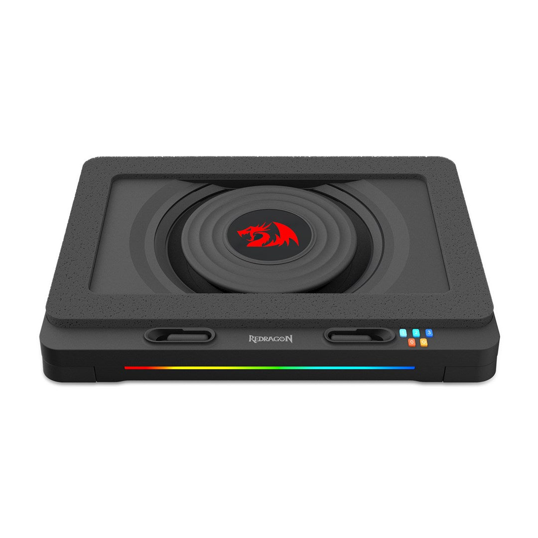 Base di raffreddamento nera Redragon con logo drago rosso, striscia RGB e superficie scanalata su sfondo bianco.