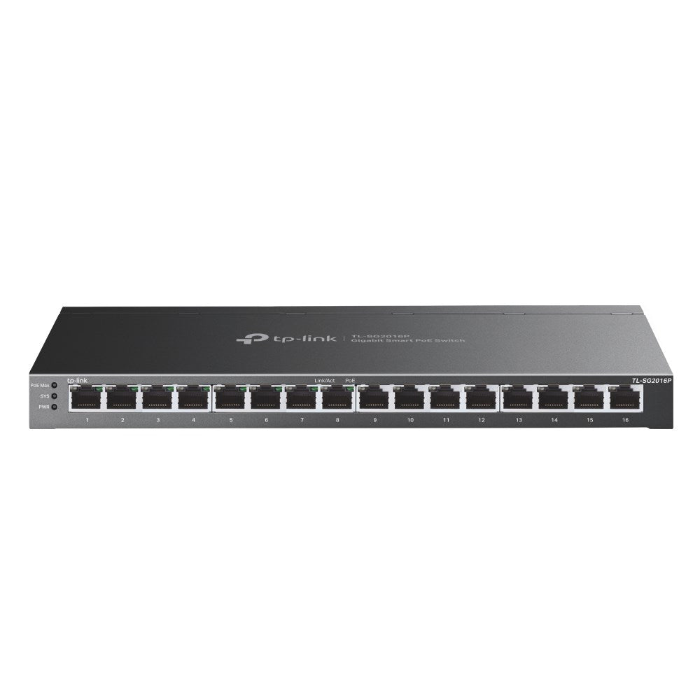 Un switch PoE inteligente gigabit de 16 puertos TP-Link negro sobre fondo blanco.