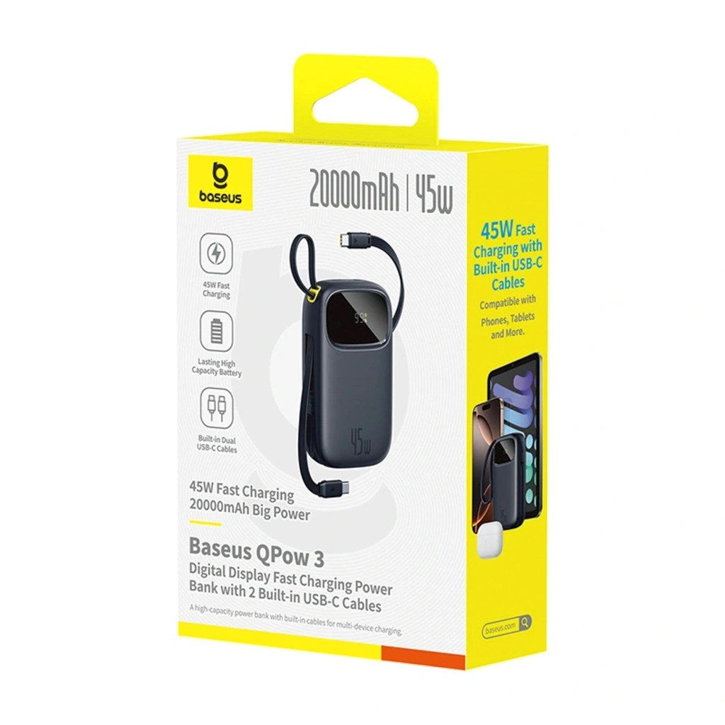 Confezione power bank Baseus QPow 3, 20000mAh, 45W con cavi integrati.