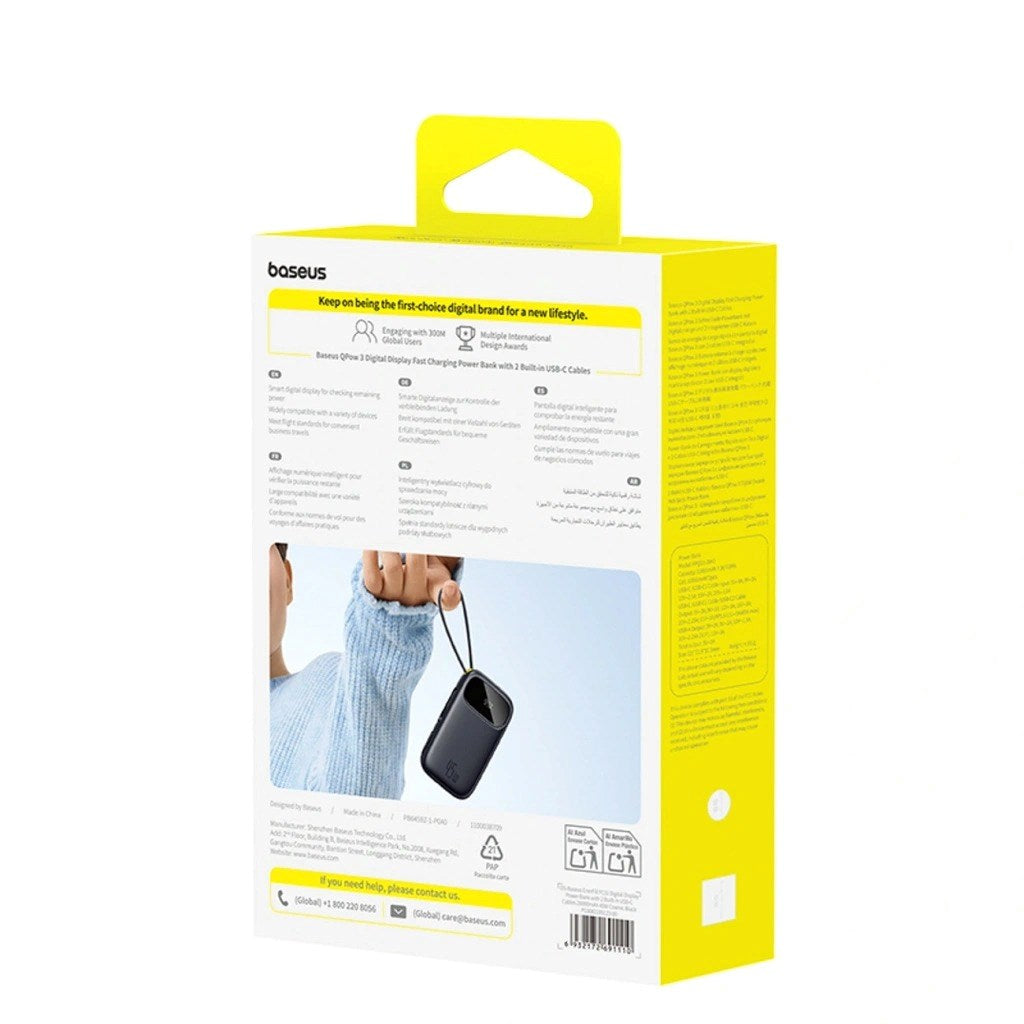 Confezione di power bank Baseus gialla e bianca con testo, icone e una piccola immagine del dispositivo.