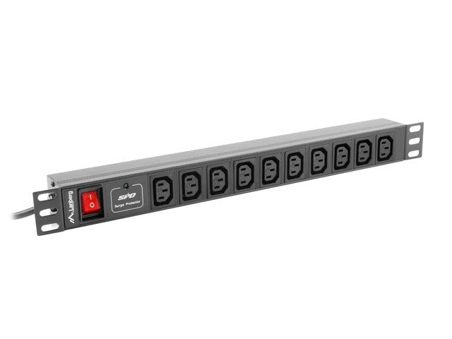 Multipresa da rack grigia con interruttore rosso e dieci prese IEC.