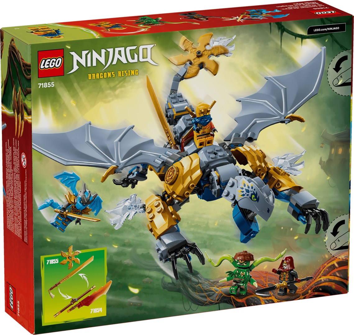 Scatola LEGO Ninjago 71855 con drago grigio e oro, personaggi ninja e cattivi su sfondo verde.