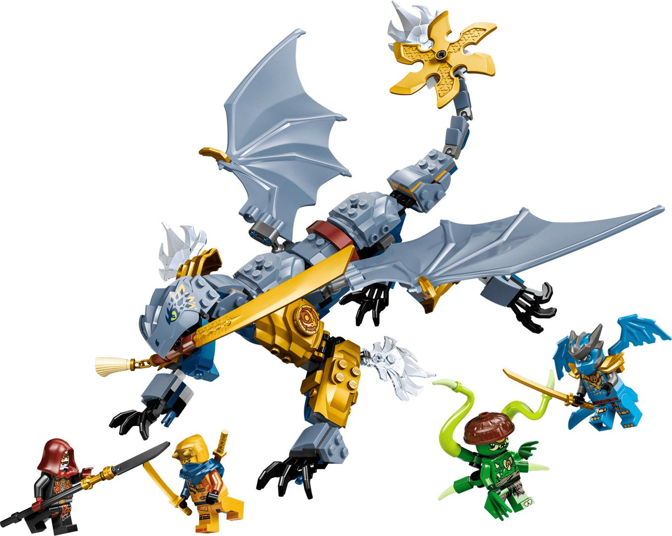 Set Lego con un drago grigio e oro e quattro minifigure su sfondo bianco.