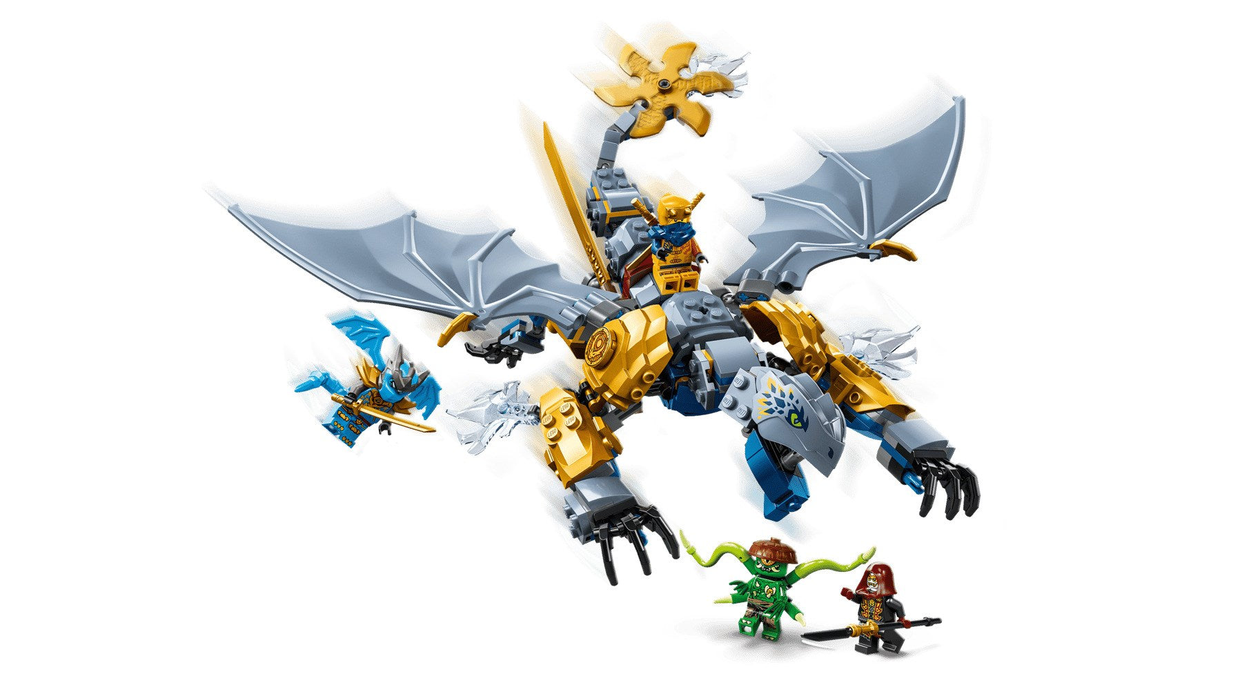 Drago Lego Ninjago e minifigure in battaglia.