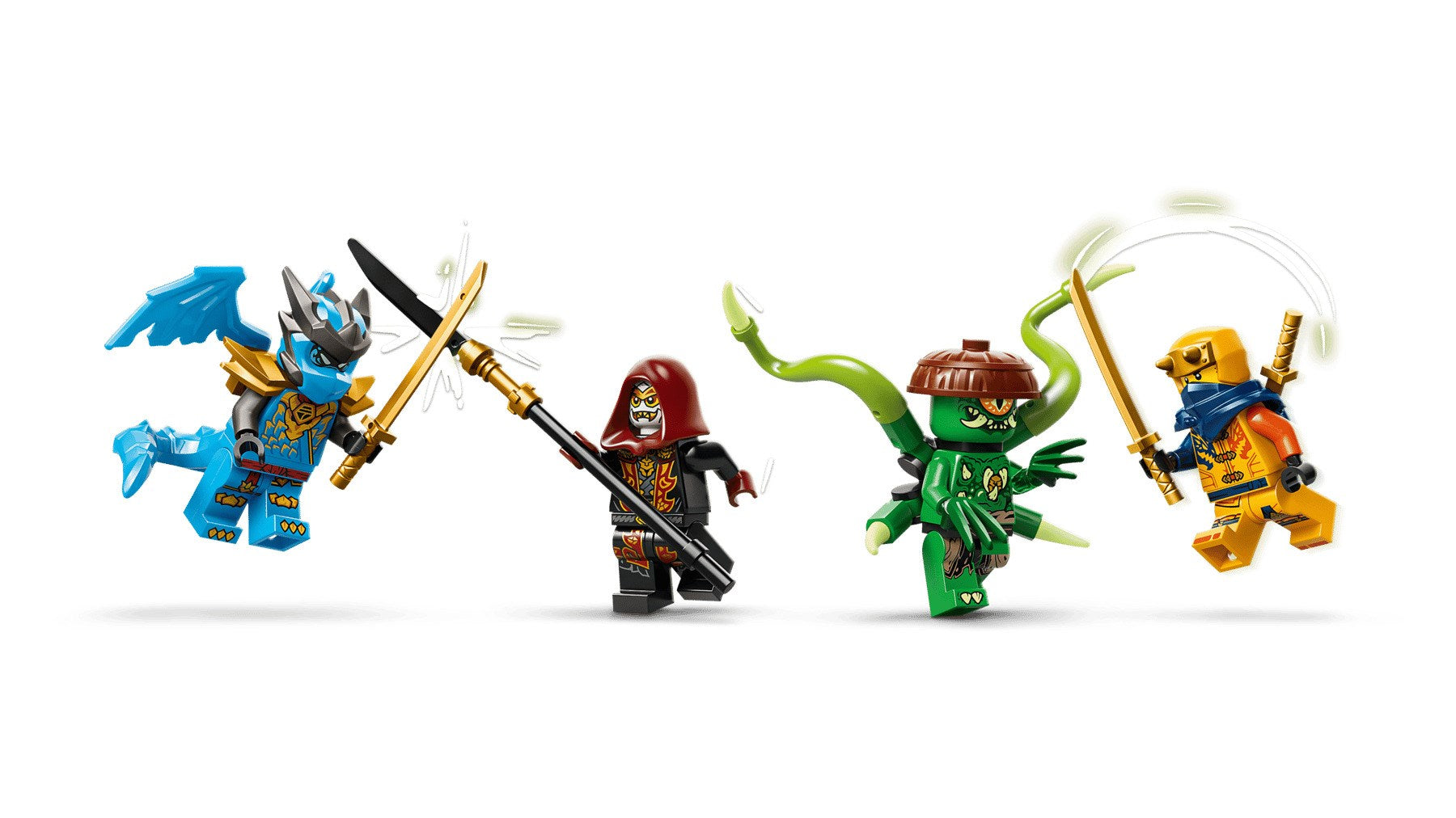 Quattro minifigure Lego Ninjago in posizioni di combattimento con armi su sfondo bianco.