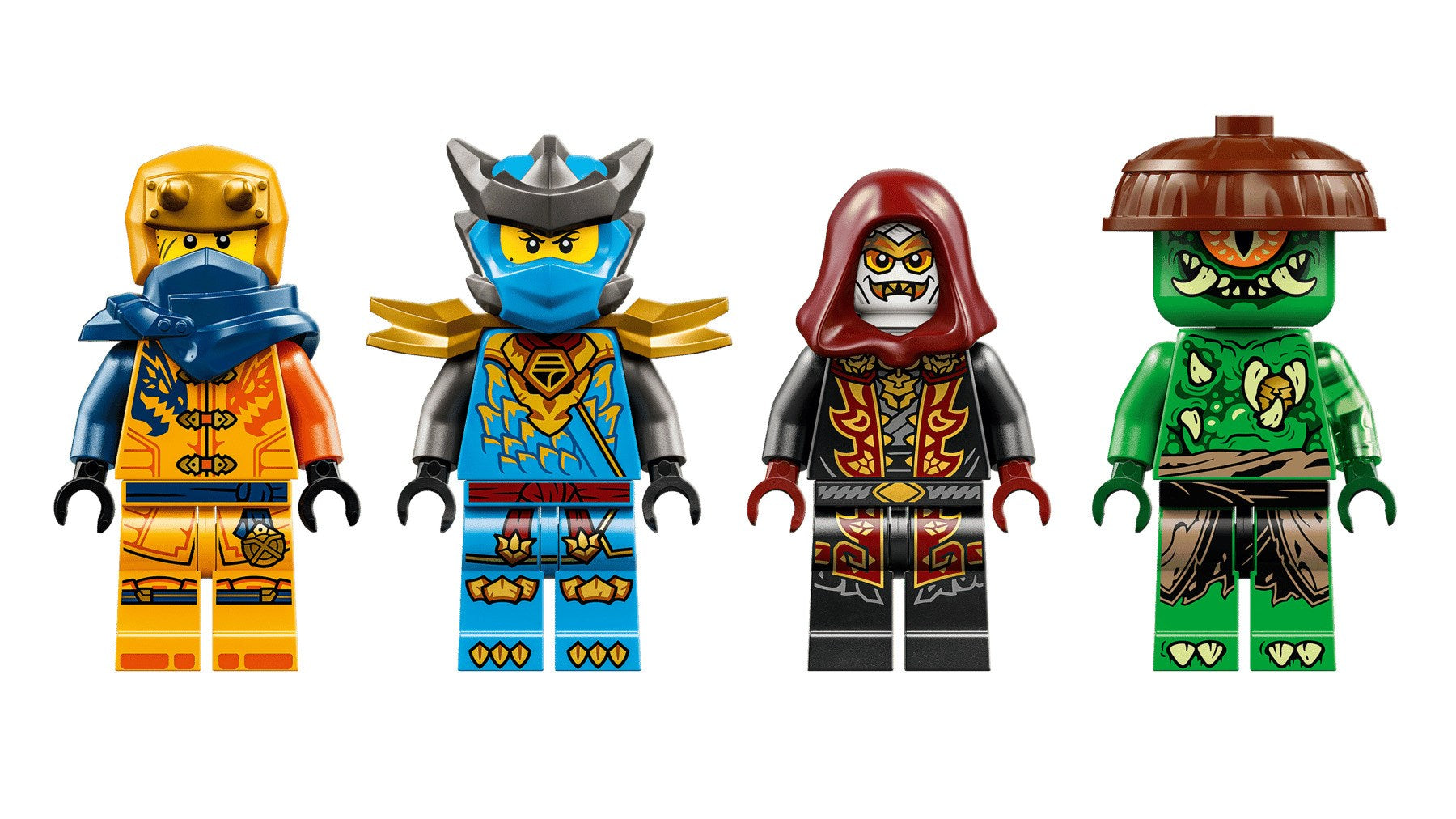 Quattro minifigure LEGO Ninjago allineate su uno sfondo bianco semplice.
