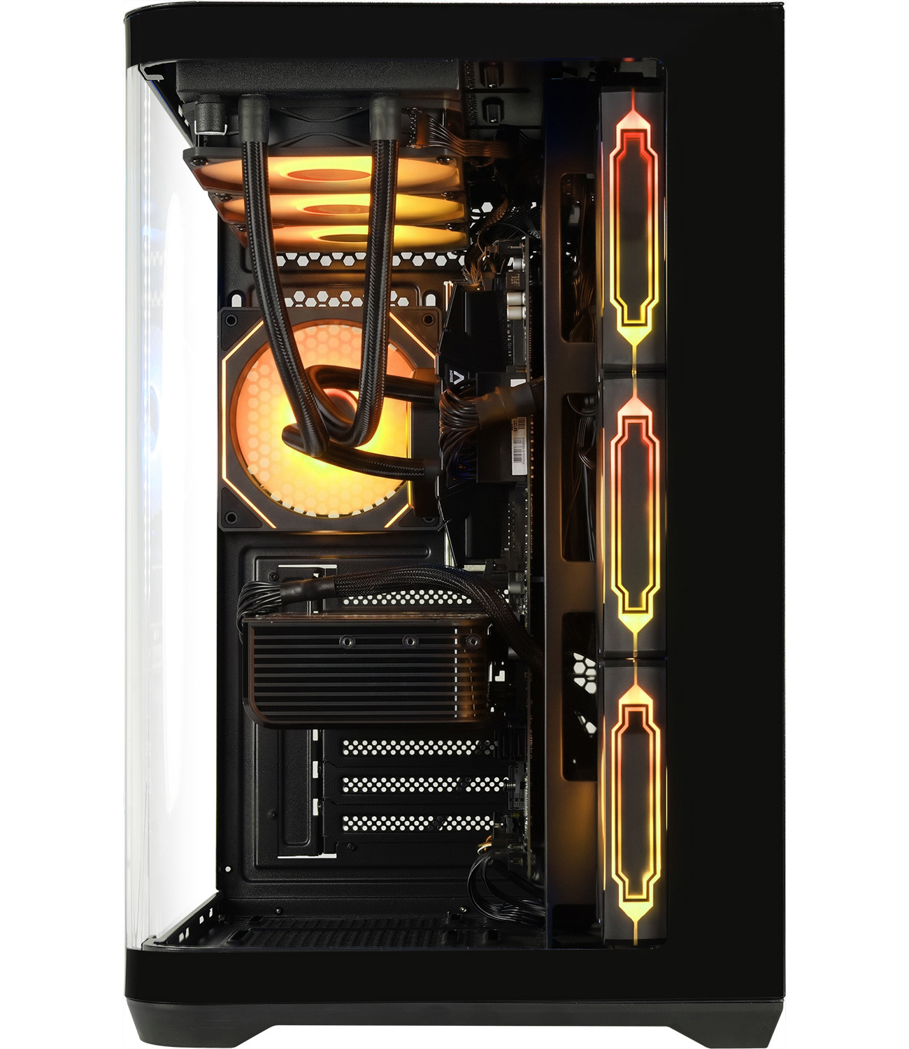 L'intérieur d'un boîtier de PC avec des ventilateurs orange, des tuyaux de refroidissement liquide et des composants.