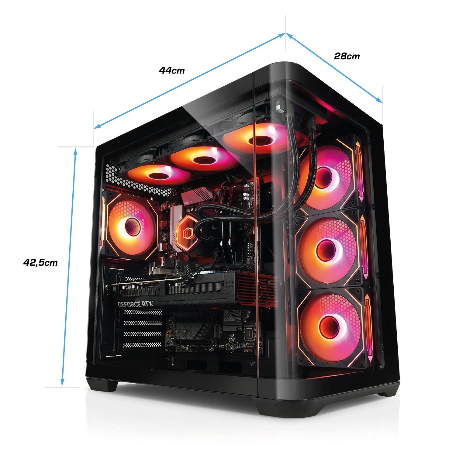 Boîtier PC noir avec ventilateurs rouges lumineux et dimensions en centimètres.