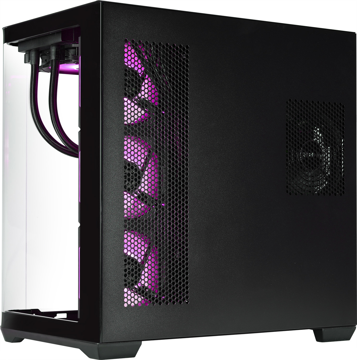 Un boîtier de PC noir avec façade en verre, côté grillagé avec ventilateurs violets et deux tubes.