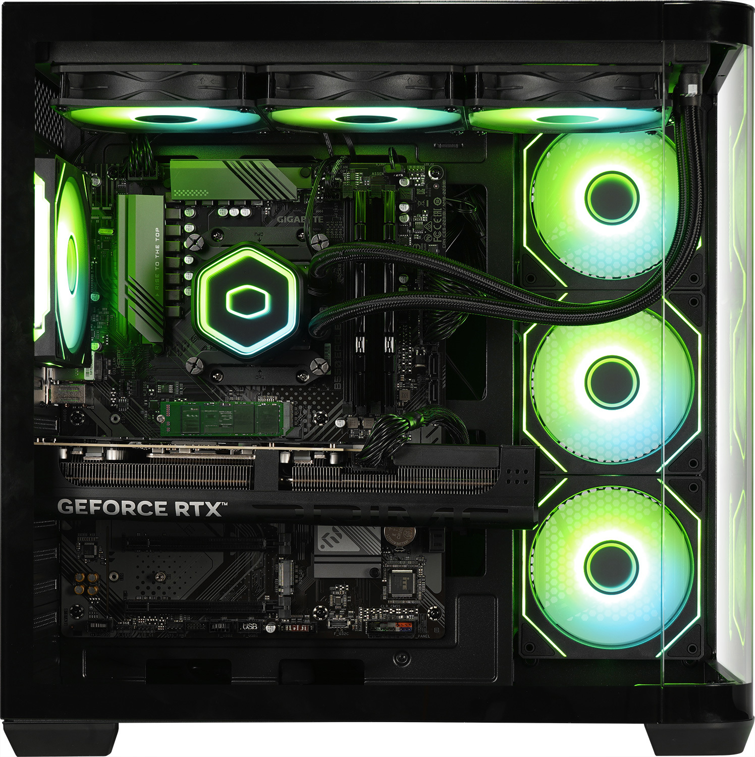 Un boitier de PC de bureau affiche une carte graphique GeForce RTX et des ventilateurs à LED verte et blanche.