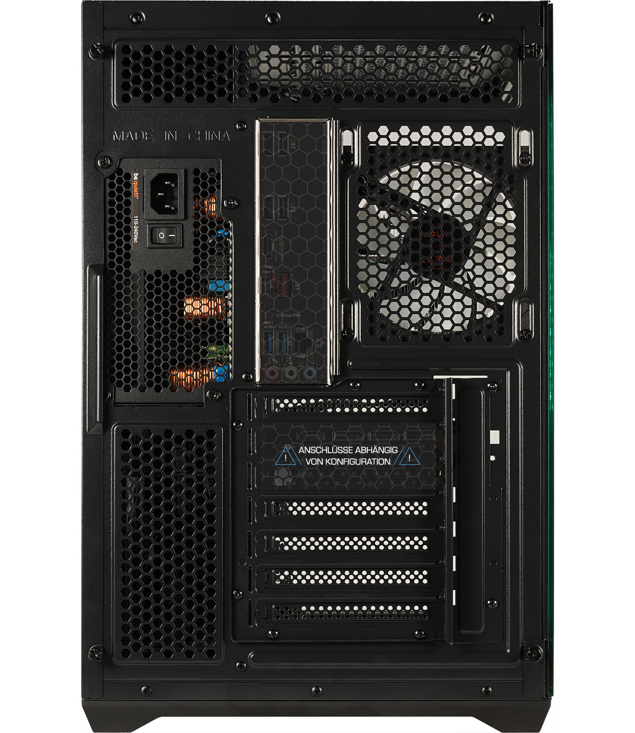 L'arrière du boîtier PC noir montre l'alimentation, le panneau I/O, le ventilateur et les slots.